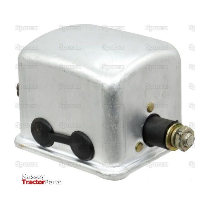 A rectangular-shaped Control Box 12V (Sparex Part No. S.41168) from Sparex, featuring two black rubber covers, spade connectors, and a bolt.