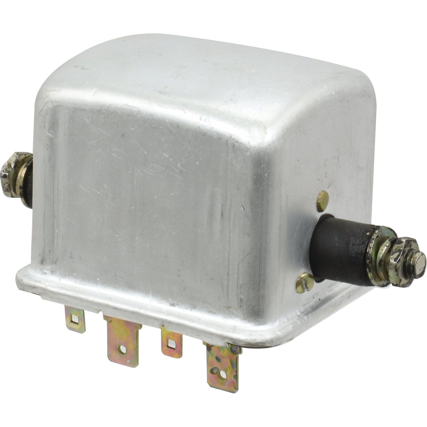 The Sparex Control Box 12V (Sparex Part No. S.41168) is a metallic, rectangular electronic component featuring three electrical terminals protruding from the bottom, two bolt connectors on the sides, and spade connectors for easy installation.