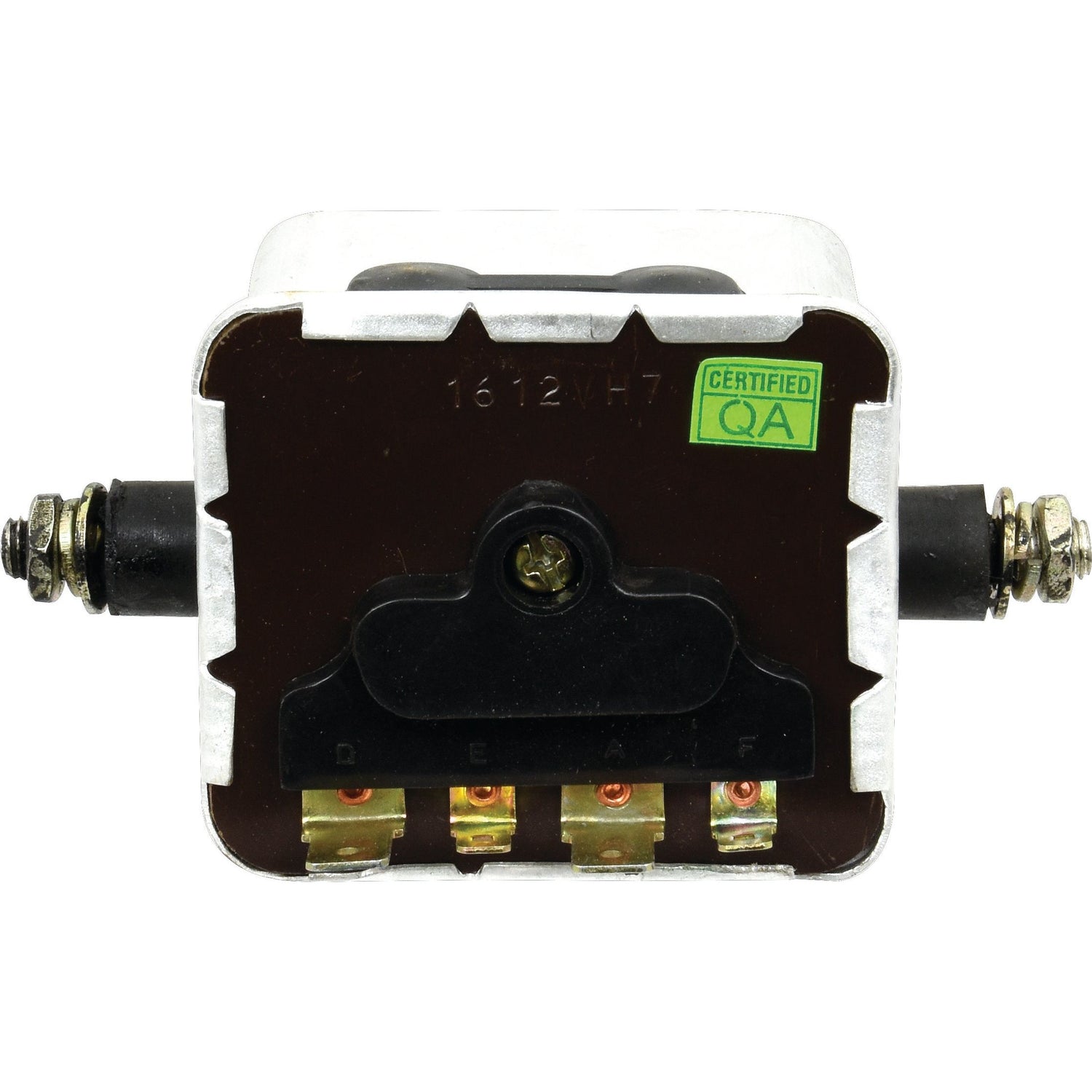 Rear view of the Sparex Control Box 12V (Part No. S.41168), featuring three spade-connection terminals at the bottom, two cylindrical connectors on each side, and a green "CERTIFIED QA" sticker on the top right. Ideal for a 12V control box setup.