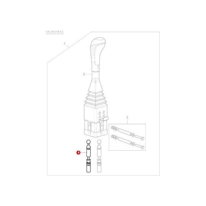 Illustration of a gear lever assembly for the Massey Ferguson Loader 900 Series, featuring an exploded view that details individual parts such as the handle, central mechanism, and connectors. Components are numerically labeled for reference. Compatible with the 905 model seamlessly. Specifically includes Massey Ferguson - Control Cable 1800mm - AL5020943 by AGCO.