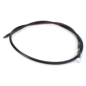 The Massey Ferguson - Control Cable 1800mm - AL5020943 by AGCO is a black electrical cable, coiled in a circle, that features a connector on one end and an LED light on the other, fitting perfectly with the Massey Ferguson Loader 900 Series.