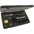 The Sparex Cordless Soldering Iron - S.151757 kit features a high-power soldering iron, solder wire, various soldering tips, a stand, and a power cord, all neatly organized in a sleek black carrying case.