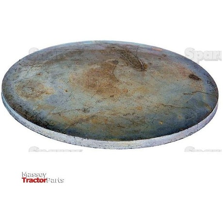 A round, weathered Core Plug - 60mm (Dished Type | Sparex Part No. S.58993) metal plate with a flat, smooth surface and slightly beveled edges, displayed on a white background. The words "Massey Tractor Parts" are visible in the bottom left corner of this product from Sparex.

