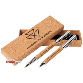 The Massey Ferguson - Cork Pen Set (X993442207000) from AGCO is a stylish collection featuring two cork-designed pens with blue and black ink. The set is complete with a matching cork box, both of which are emblazoned with the "Massey Ferguson" branding and logo.