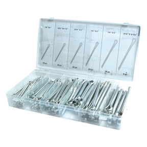 A plastic organizer box from Sparex, containing 144 cotter pins of various sizes ranging from Ø2.5 to 7.5mm and lengths between 50 to 75mm, neatly arranged inside. (Product Name: Cotter Pin, Ø2.5 - 7.5 x 50 - 75mm (Agripak 144 pcs.) | Sparex Part No.S.29882)