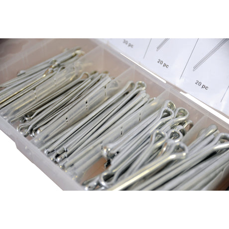 A Sparex Cotter Pin set, part number S.29882, featuring 144 metal cotter pins ranging from 2.5mm to 7.5mm in diameter and 50mm to 75mm in length, neatly organized in different compartments of a plastic organizer box.
