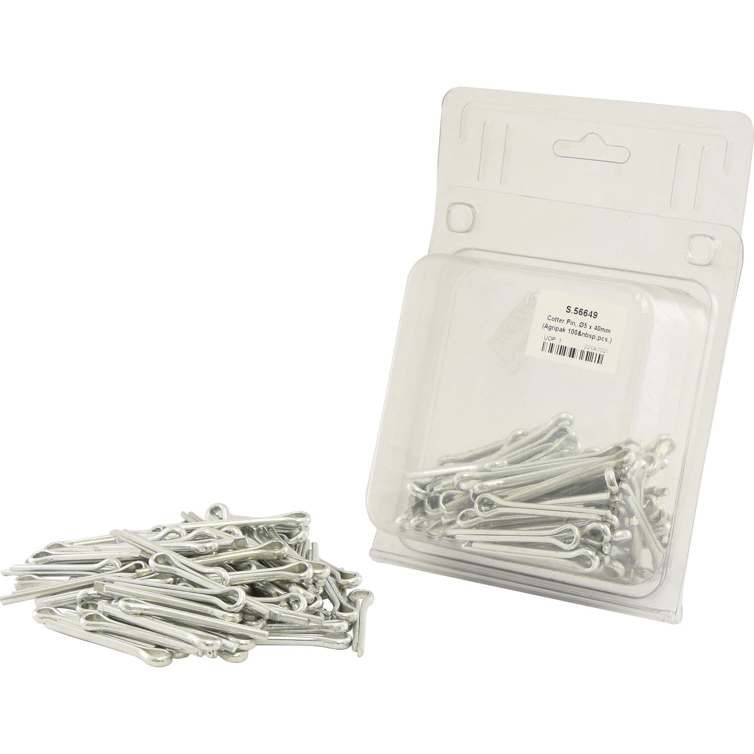 A package of Ø5 x 40mm Cotter Pins from Sparex, with several pins spilled out in front of the open container, displaying Agripak's set of 25 pieces (Part No. S.56649).
