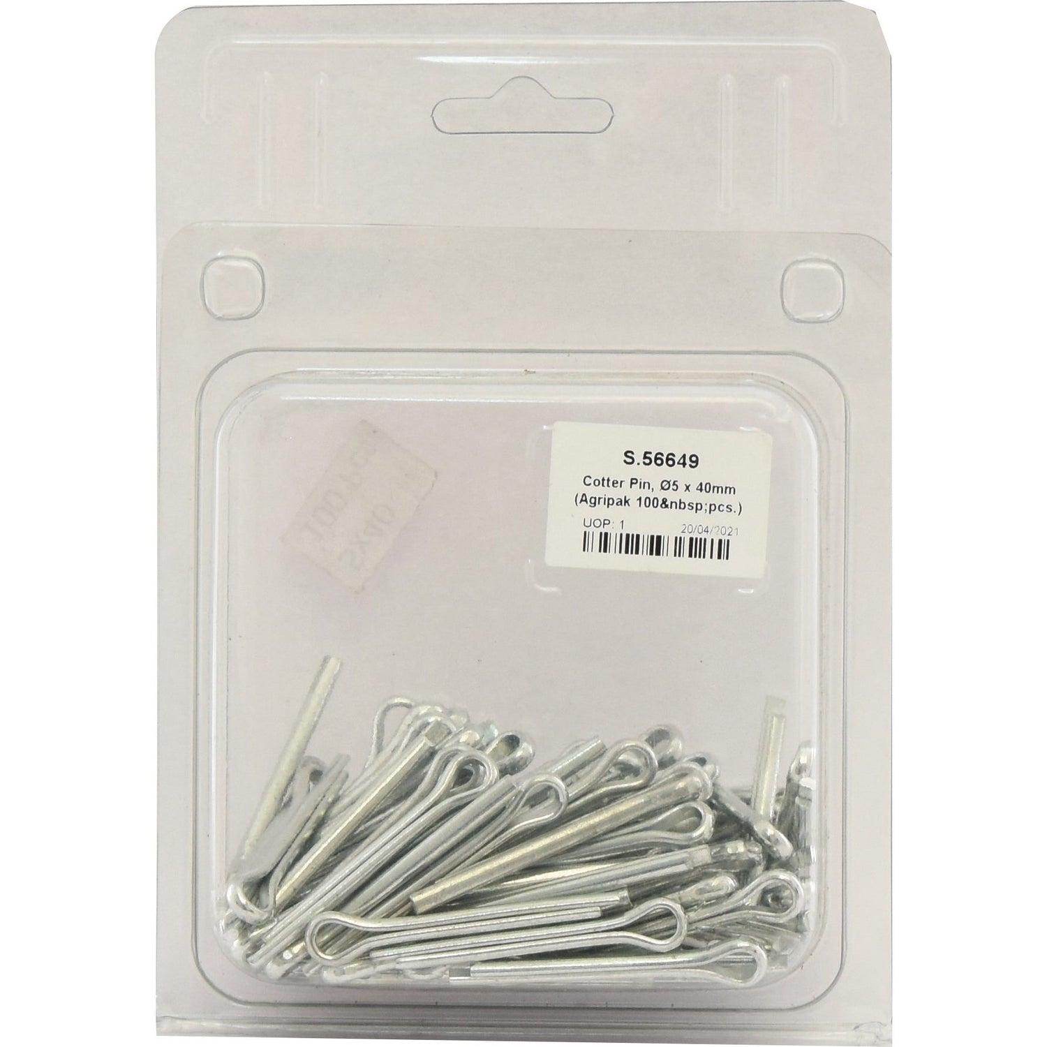 A clear plastic package containing multiple metal cotter pins, labeled "Cotter Pin, Ø5 x 40mm (Agripak 25 pcs.), S.56649 by Sparex," is displayed against a white background.