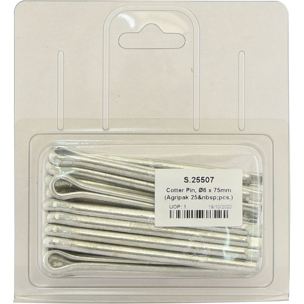 A plastic blister pack from Sparex containing multiple Ø6mm cotter pins, labeled with product specifics including size (Ø6 x 75mm), quantity (25 pcs), and item code (S.25507).