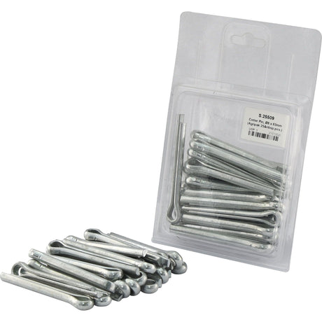 A package of metallic Cotter Pin, Ø8 x 63mm (Agripak 25 pcs.) by Sparex, with several pins removed and lying in front of the package.