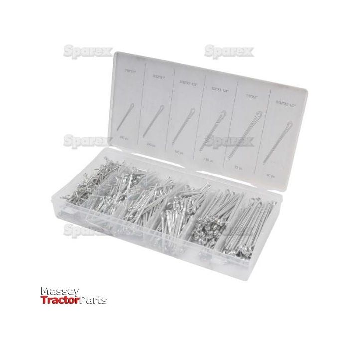 Plastic container showcasing a variety of metal cotter pins in multiple sizes ranging from Ø1.6mm to 4mm with lengths between 25mm and 64mm. The lid, branded with Sparex and Agripak, includes labels stating the pin dimensions and Pin Ø. Product Name: Cotter Pin, Ø1.6 - 4 x 25 - 64mm (Agripak 1000 pcs.) | Sparex Part No.S.29883.