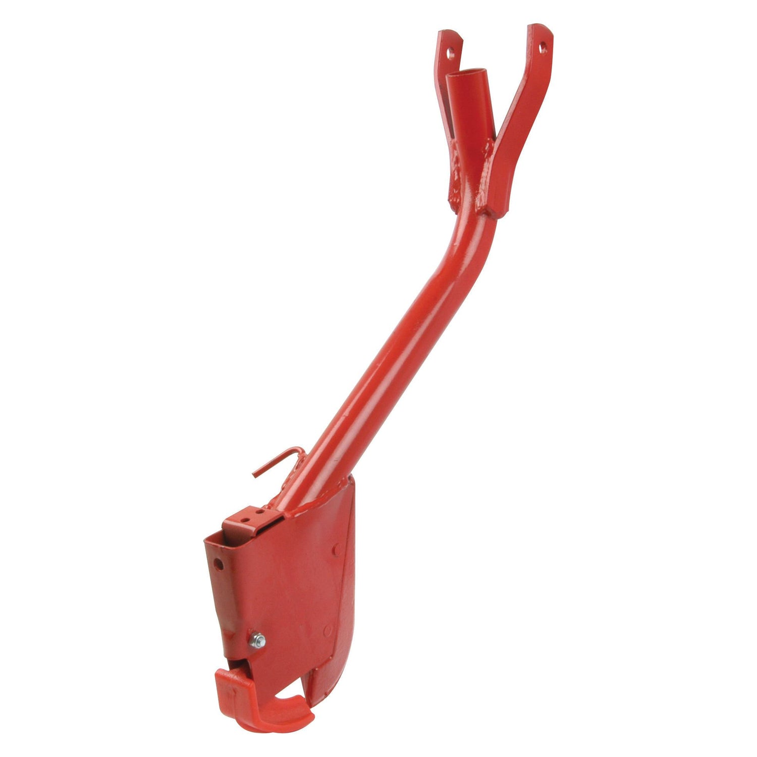 Red metal kickstand for a bicycle, designed for rear wheel mounting, featuring durability inspired by the Coulter Arm - Short from Sparex.