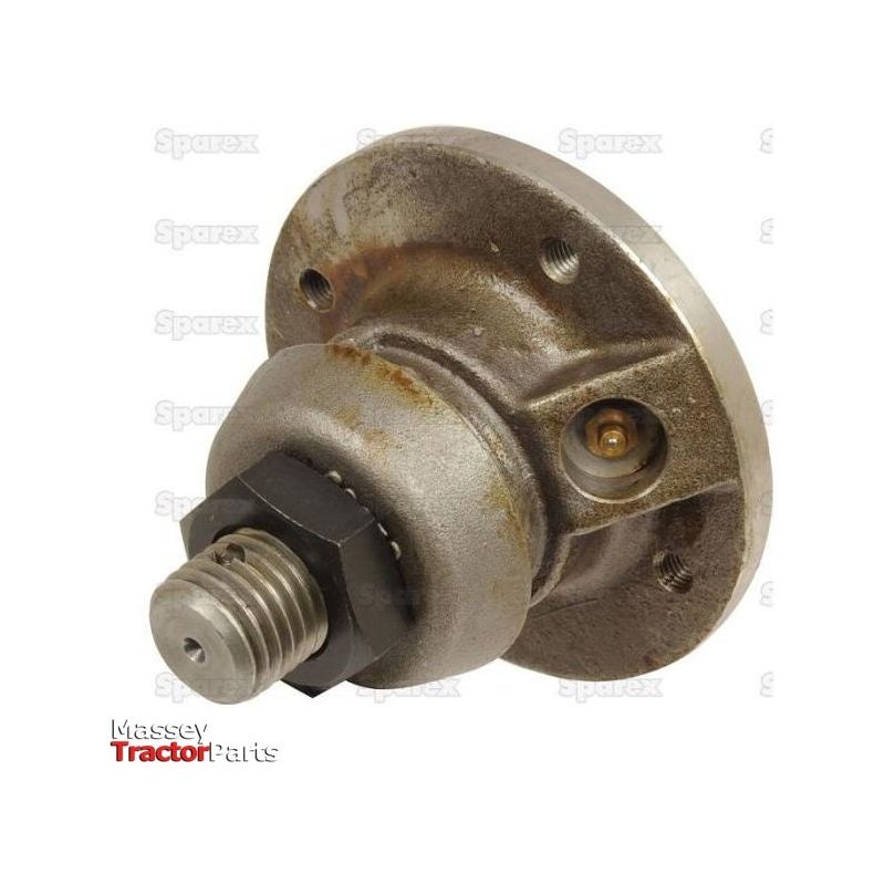 A metal tractor part with a circular base and threaded protrusion on a white background, featuring logos for Massey Tractor Parts and Sparex. The Coulter Hub Assembly - LH (Overum), listed as Sparex Part No. S.72514, is a versatile component compatible with Agrolux machinery.