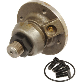 A Sparex Coulter Hub Assembly - RH (Overum), fitting as 80967AH and listed under Sparex Part No.S.72513, includes a metal flange with a threaded bolt, three accompanying screws, and a black circular ring, compatible with the Massey Ferguson 3490279M1.
