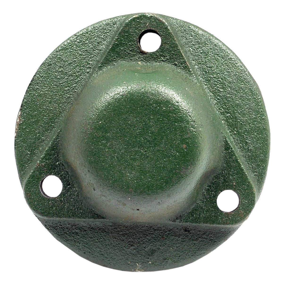 The Sparex Coulter Hub Cover - RH & LH (Kverneland), designed to seamlessly fit as 056156 (Sparex Part No. S.77615), is a green, round, textured metal disk featuring three equidistant holes around the perimeter.