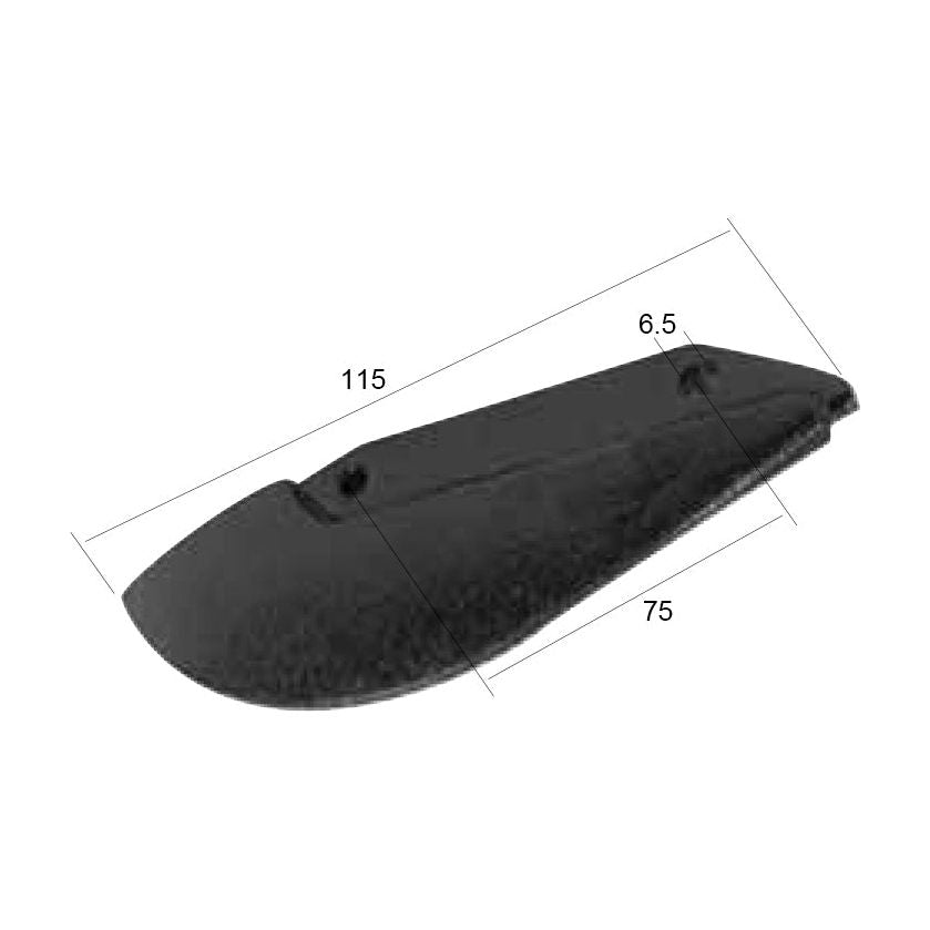 A black Sparex Slab Share - LH cutting blade (Sparex Part No. S.78396) with a curved edge and mounting holes, measuring 115mm in length, 75mm in width, and 6.5mm in thickness, compatible with Dowdeswell fasteners (To fit as: 1115399).