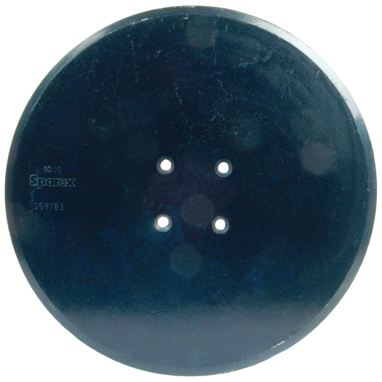 Close-up of a round black 18'' Coulter Disc by Sparex, designed for Kverneland equipment. It features four small holes in the center and has "Sparex S.59783" engraved on the surface.
