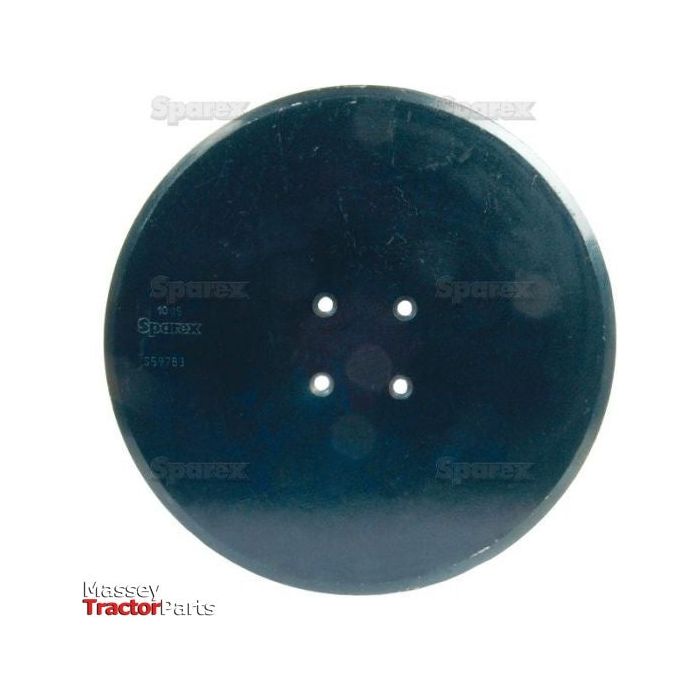 A circular black metal disc with four small holes in the center. The word "Sparex" and additional text are visible on the disc surface, resembling an 18'' Coulter Disc designed to fit as KK076406 Kverneland. The "Massey Tractor Parts" logo is positioned in the bottom left corner. This item corresponds to Sparex Part No.S.59783.