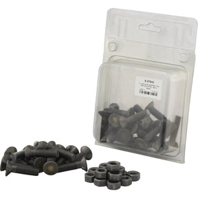 A packaged set of Sparex Countersunk Head Bolt 1 Nib With Nut (TF1E) M10 x 40mm, Tensile strength 8.8 (14 pcs. Agripak), with some bolts and nuts lying outside the package.