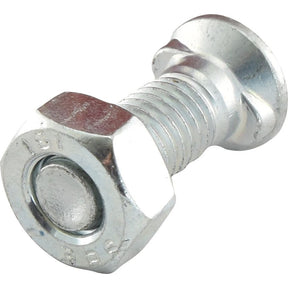 A close-up image of the Sparex Countersunk Head Bolt 2 Nibs With Nut (TF2E) - M11 x 40mm, showcasing its shiny Zinc-plated finish, hexagonal head, threaded body, and impressive tensile strength of 10.9.