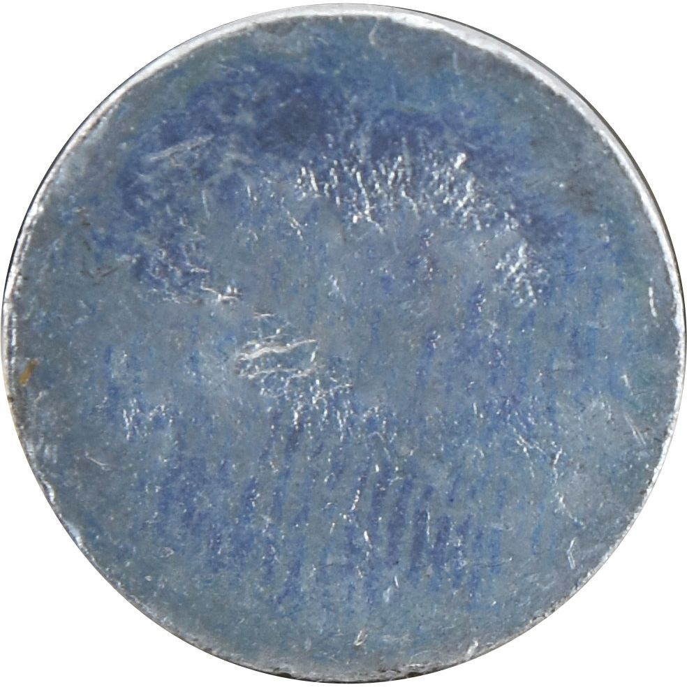 A worn blue coin or token with faded markings, reminiscent of an old Sparex Countersunk Head Bolt 2 Nibs With Nut (TF2E) - M12 x 45mm, making the details difficult to discern.