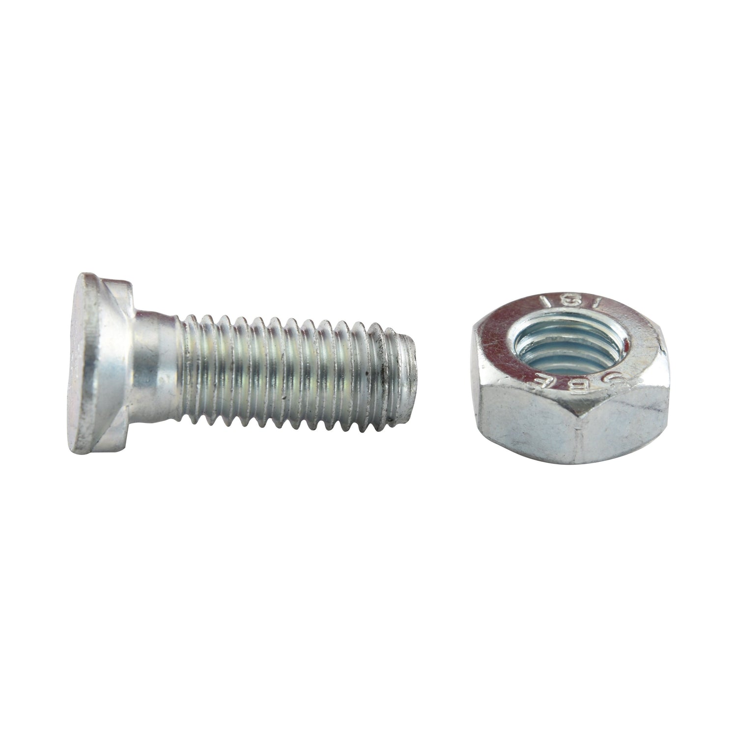 A Sparex Countersunk Head Bolt 2 Nibs With Nut (TF2E) - M14 x 35mm lies horizontally next to a zinc-plated nut on a white background, boasting a tensile strength of 10.9.