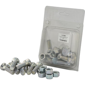 A pack of Sparex Countersunk Head Bolt 2 Nibs With Nut (TF2E) - M14 x 40mm, Tensile strength 8.8 (10 pcs. Agripak), displayed in a clear plastic package with several bolts and nuts arranged outside the package on a white background.