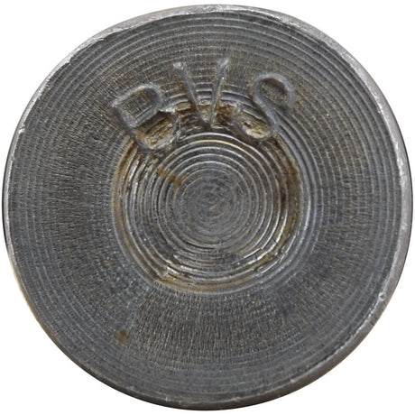 Close-up image of a round metallic object with concentric circles and the letters "BTS" engraved on its surface, resembling a high-quality Sparex Countersunk Head Bolt 2 Nibs With Nut (TF2E) - M14 x 45mm, Tensile strength 8.8.