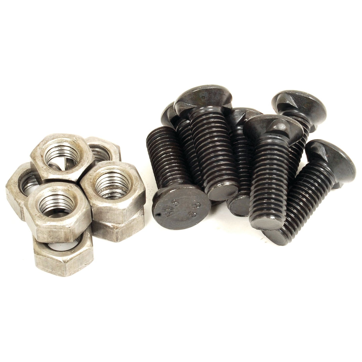 A collection of six metal nuts and seven black Metric bolts, including a Countersunk Head Bolt 2 Nibs With Nut (TF2E) from Sparex Part No.S.76070, arranged separately on a white background.