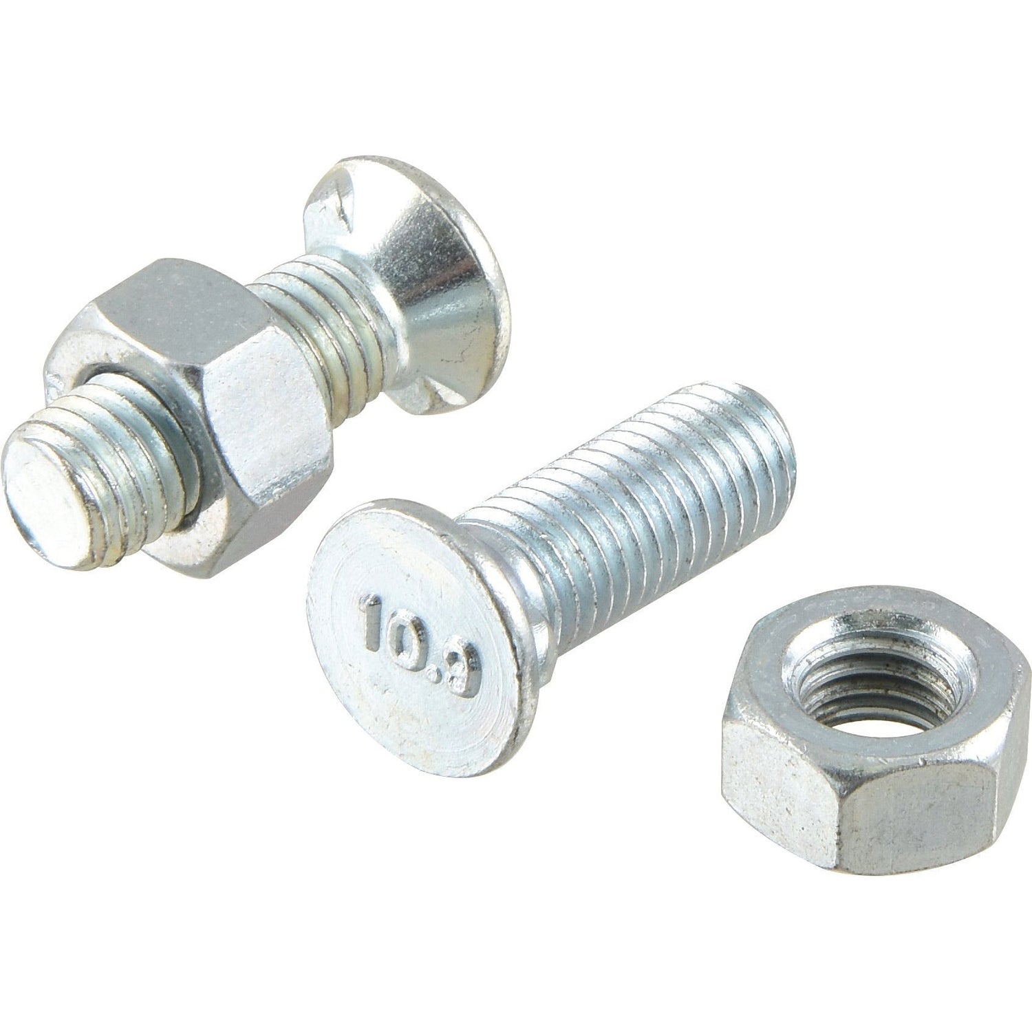 Two Sparex Countersunk Head Bolts 2 Nibs with Nut (TF2E), one with a nut attached and the other separated. The head of one bolt is marked "10.9".