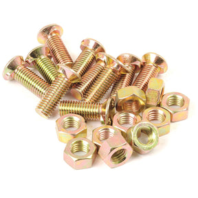 A pile of metallic bolts and nuts in a mix of gold and silver hues includes various Sparex Countersunk Head Bolt 2 Nibs with Nut (TF2E) - Tensile strength | Sparex Part No.S.76127. The bolts, featuring threaded shafts and hexagonal heads, are complemented by hexagonal nuts with threaded holes in the center.