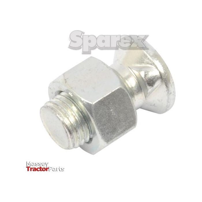 A close-up image of a shiny Countersunk Head Bolt 2 Nibs With Nut (TF2E) - M14 x 30mm with a logo that reads "Sparex" in the background and "Massey Tractor Parts" text in the lower-left corner.