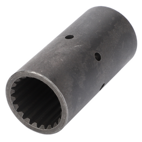 The AGCO Massey Ferguson Coupler Drive Shaft (part number 3800250M1) is a metal cylindrical component with a hollow interior featuring gear-like teeth and multiple circular holes drilled through its outer surface, commonly used in tractor parts for the Massey Ferguson 4200 Series.