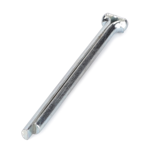 A close-up of an AGCO Massey Ferguson coupler split pin (Product Code: 3810097M1) reveals a shiny, silver component with a looped head and two prongs extending downward, typically used in Massey Ferguson tractor assemblies.