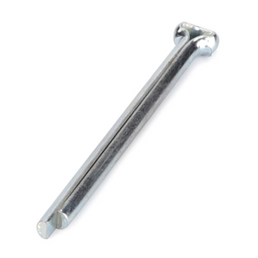 A close-up of an AGCO Massey Ferguson coupler split pin (Product Code: 3810097M1) reveals a shiny, silver component with a looped head and two prongs extending downward, typically used in Massey Ferguson tractor assemblies.