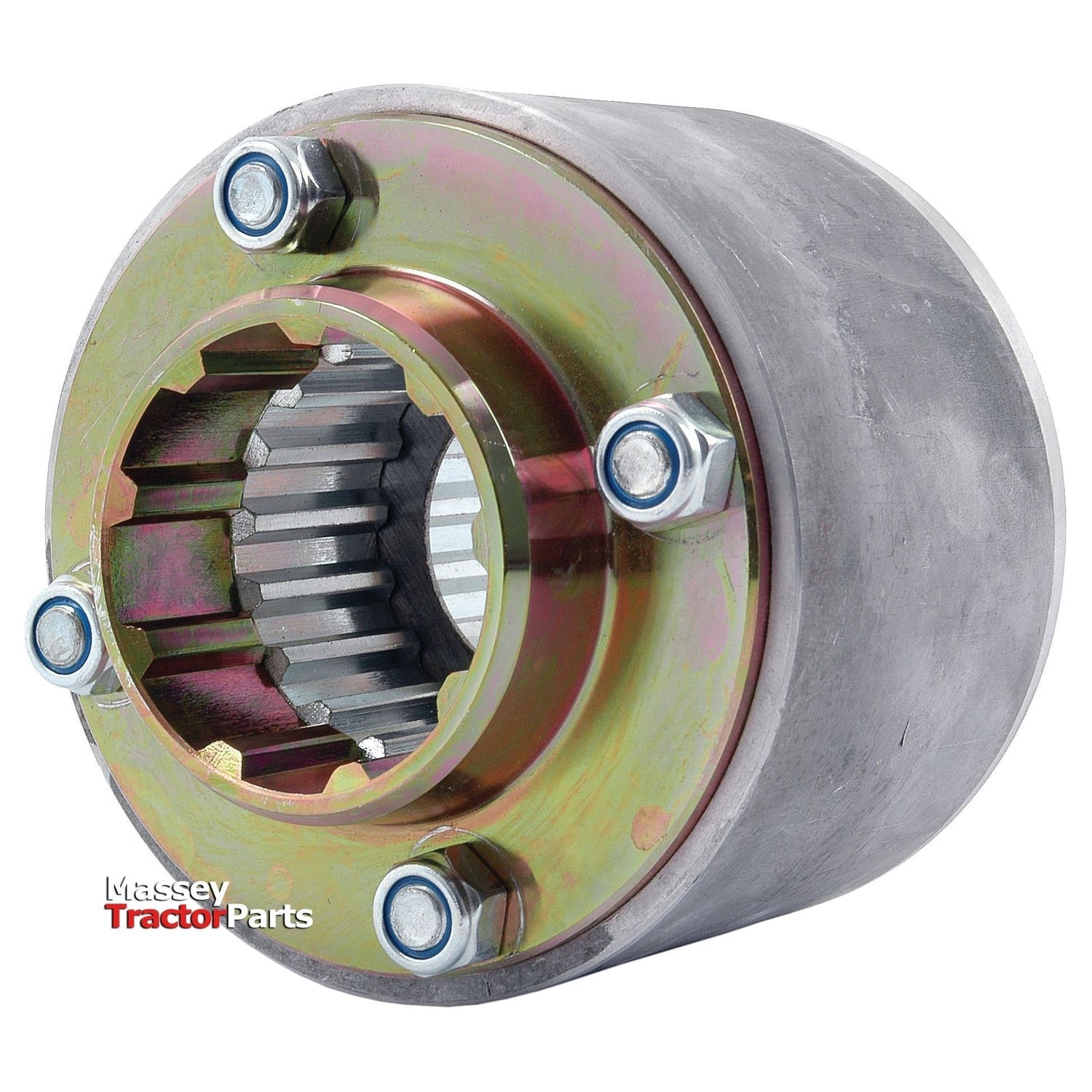 The Coupling Assembly, Sparex Part No. S.59086 by Sparex, features a cylindrical metal component with four bolt fasteners and a toothed inner gear, making it ideal for use in Fiat 415 or Allis Chalmers 5040 tractors.