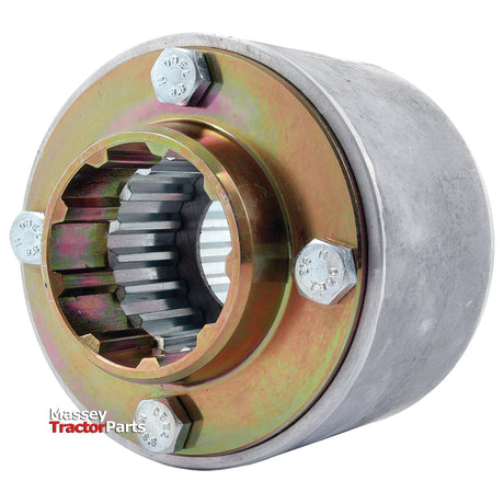 A cylindrical mechanical component with a grooved interior and attached bolts, labeled "Sparex," seamlessly integrates into the Fiat 415 coupling assembly and is identified as Coupling Assembly | Sparex Part No.S.59086.