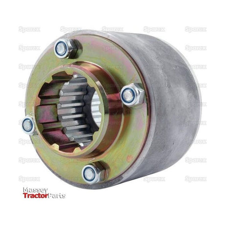 A metallic Coupling Assembly with internal gear teeth and four visible bolts, designed for coupling assembly. It bears the Sparex logo and is compatible with Fiat 415 models. This product, identified as Sparex Part No. S.59086, also serves as a part of Massey Tractor Parts.