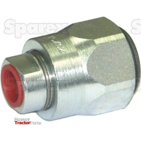 Image of a Sparex Hydraulic Screw Coupling Female M18 x 1.50 with a hexagonal shape and a red sealing cap. The background features faint "Sparex" text and a small "Massey Tractor Parts" logo in the corner, highlighting it as part number S.28307 constructed from carbon steel.