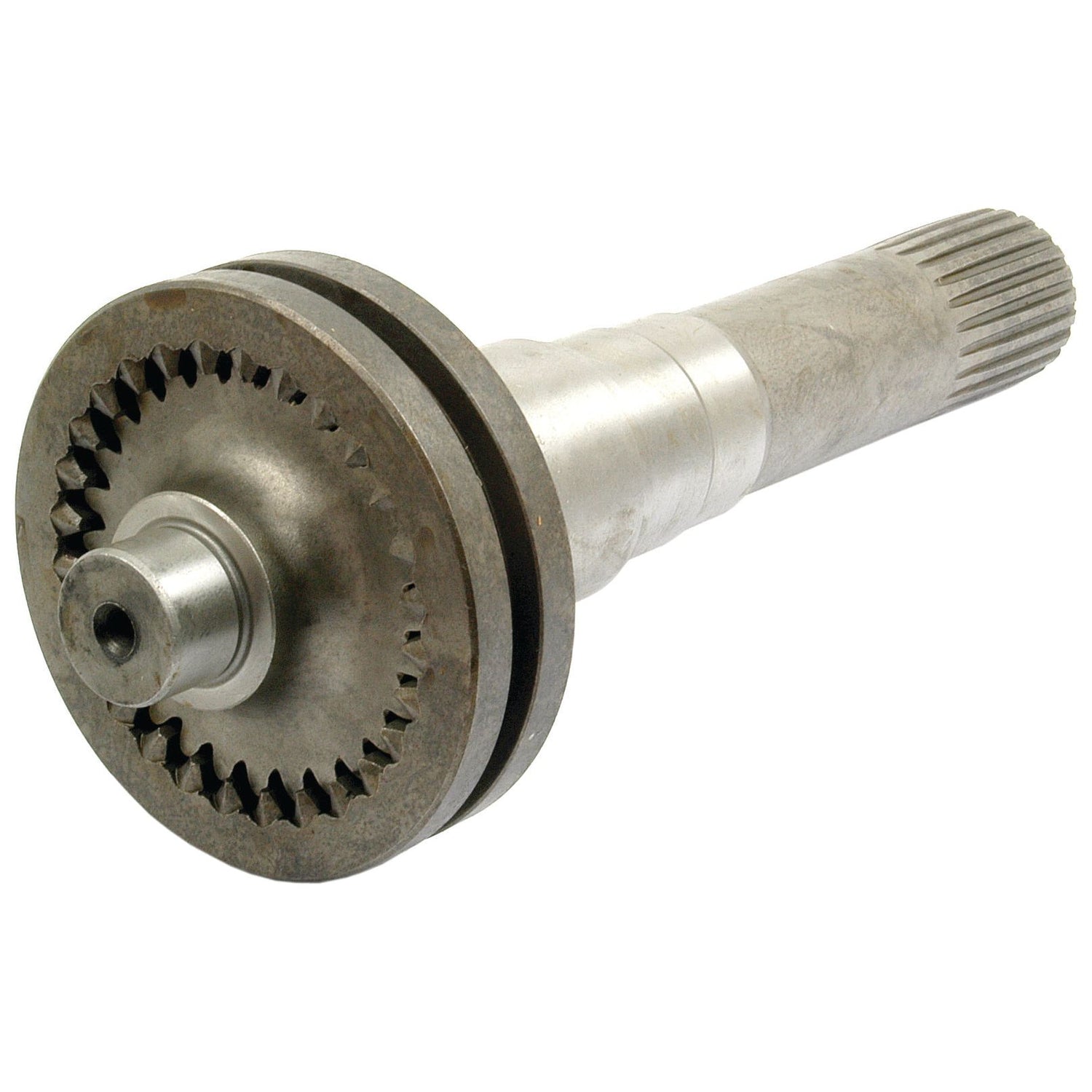 The Sparex Coupling & Shaft Assembly (Part No. S.66126) is a metal gear shaft with a cylindrical core, featuring intricate teeth on one end and a ridged surface on the opposite end, ideal for Ford New Holland tractor parts.