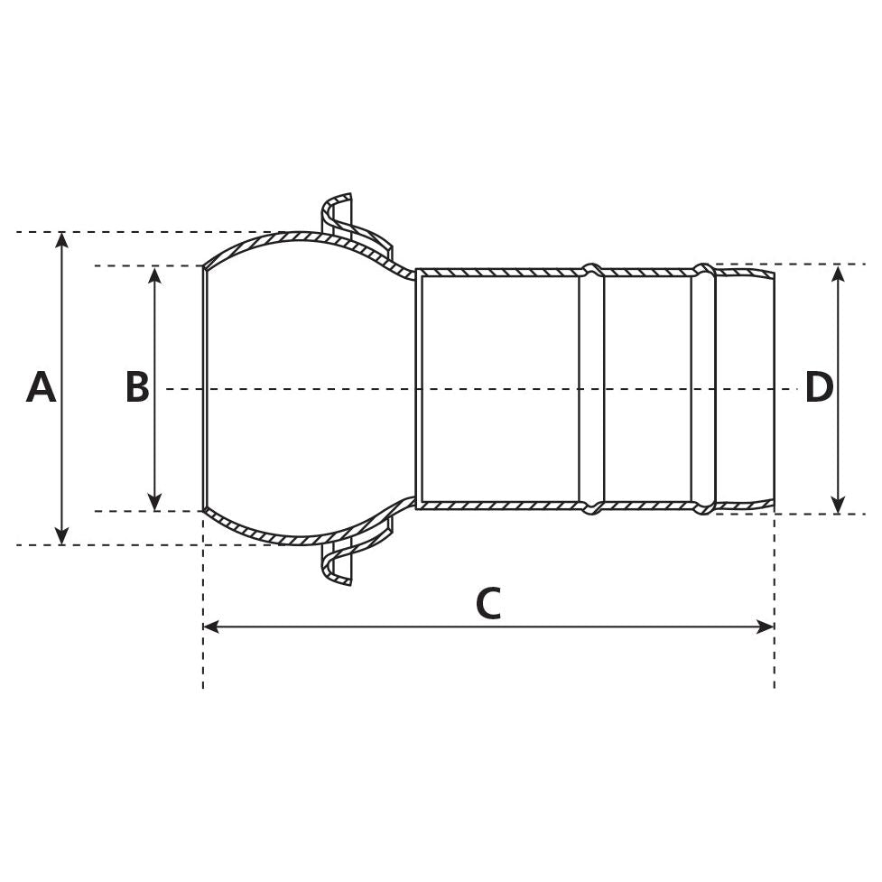 Line drawing of a Sparex Coupling with Hose End - Male 4'' (100mm) x 4'' (100mm) (Galvanised) - S.115055, showing four labeled sections (A, B, C, D). Sections A and B are on the wider end, C represents the length, and D is the narrower end. Measurements are indicated but unspecified.