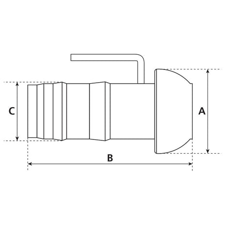 Technical drawing of a cylindrical component, resembling a Coupling with Hose End and Handle - Male 6'' (159mm) x 6'' (150mm) (Galvanised) by Sparex, with labeled dimensions: length (B), height (A), and a protruding section (C). Includes a hook-like extension near the top.