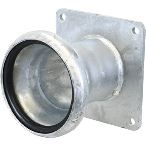 The Sparex Coupling with Square Flange - Female 4'' (108mm) x (100mm) (Galvanised) - S.59438 is a metallic piping flange equipped with a wide opening and four mounting holes on its square base, featuring a durable galvanised finish.