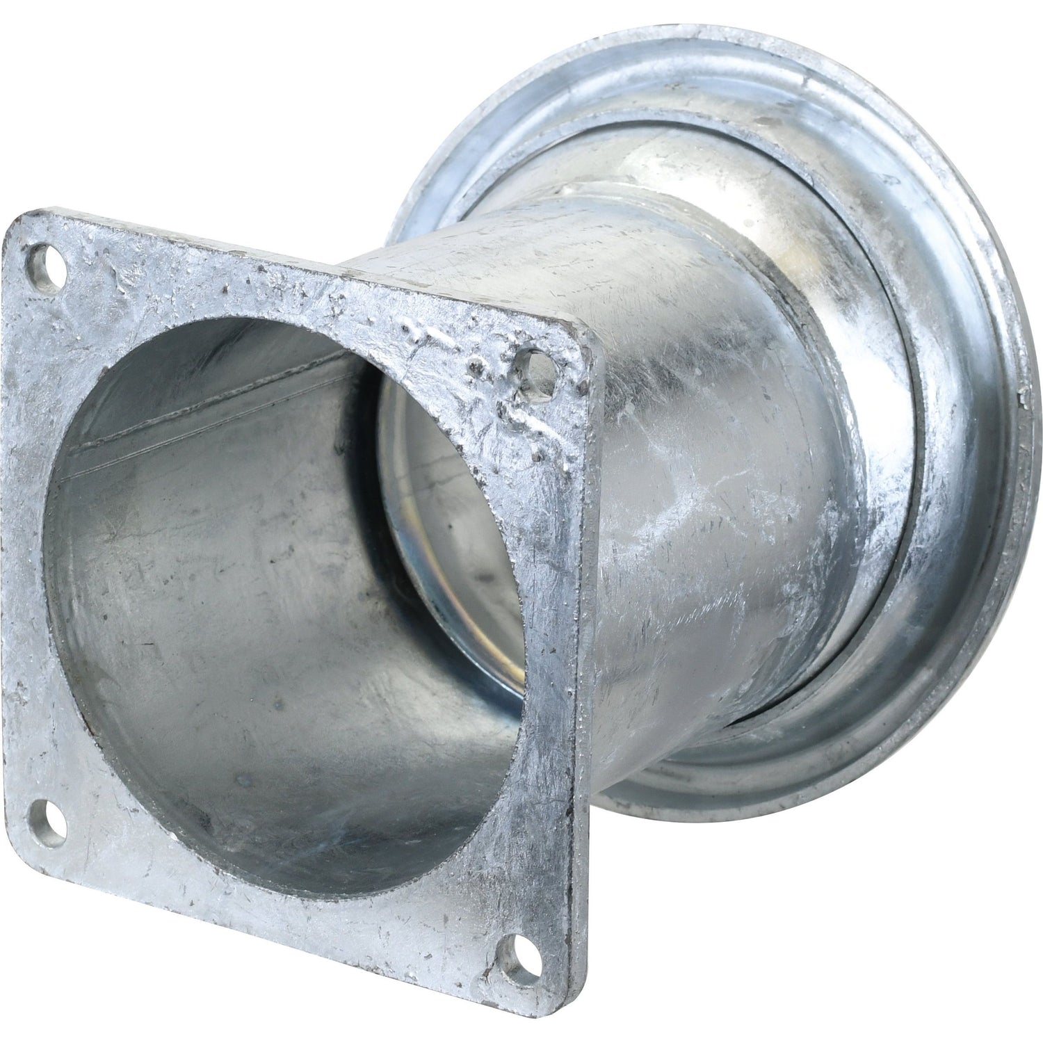 A Sparex galvanised Coupling with Square Flange - Male 6'' (150mm) x (150mm), model number S.115073, features a cylindrical body with a square flanged base and includes four mounting holes.