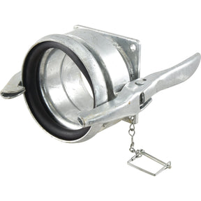 Image of a Sparex Coupling with Square Flange Short (S.136623), featuring lever lock handles, a rubber seal, and a chain attached to a pin. This 6'' (159mm) x 150mm galvanised metal pipe coupling is suitable for high-pressure applications.