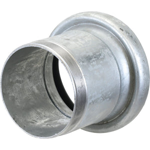 The Sparex Coupling with Threaded End - Female 5'' (133mm) x 5'' (Galvanised) - S.59433 is a galvanised metal pipe fitting featuring a flared edge on one end and a threaded section on the other, designed for connecting pipes and often used with a gasket ring to ensure a secure seal.