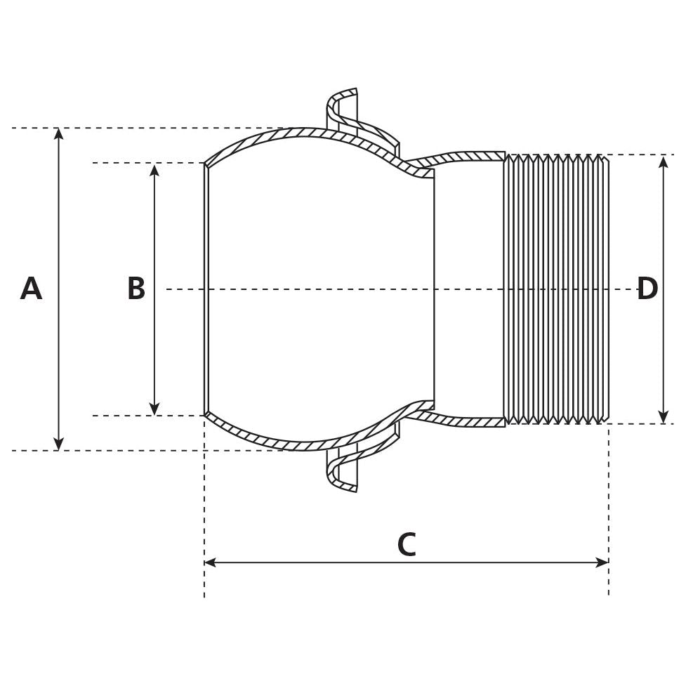 Line drawing of a Sparex Coupling with Threaded End - Male 4" (100mm) x 4" (Galvanised) - S.115063, with dimensions labeled A, B, C, and D. The fitting features a flange and a 4'' thread size on one end.