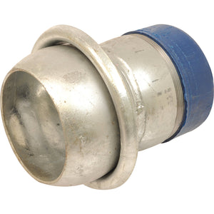 The Sparex Coupling with Threaded End - Male 5'' (120mm) x 5'' (Galvanised) - S.115064 features a metallic construction, a blue threaded end, and a smooth, rounded body, making it ideal for connecting pipes or hoses. This Italian fitting is renowned for its exceptional durability and design.