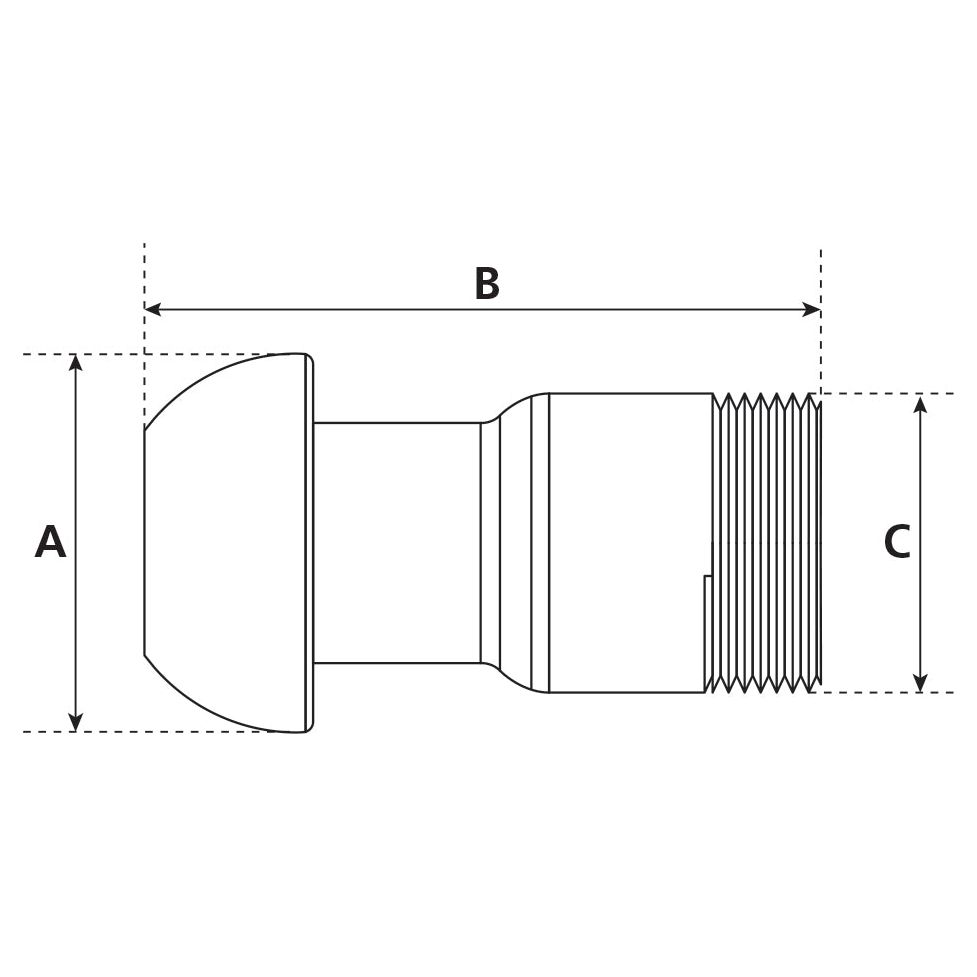 A technical drawing of a cylindrical, galvanised coupling with a rounded cap, featuring three labeled dimensions: A (height), B (length), and C (threaded section). The product is named Coupling with Threaded End - Male 6'' (159mm) x 6'' BSPT (Galvanised) - S.103173 from the brand Sparex.