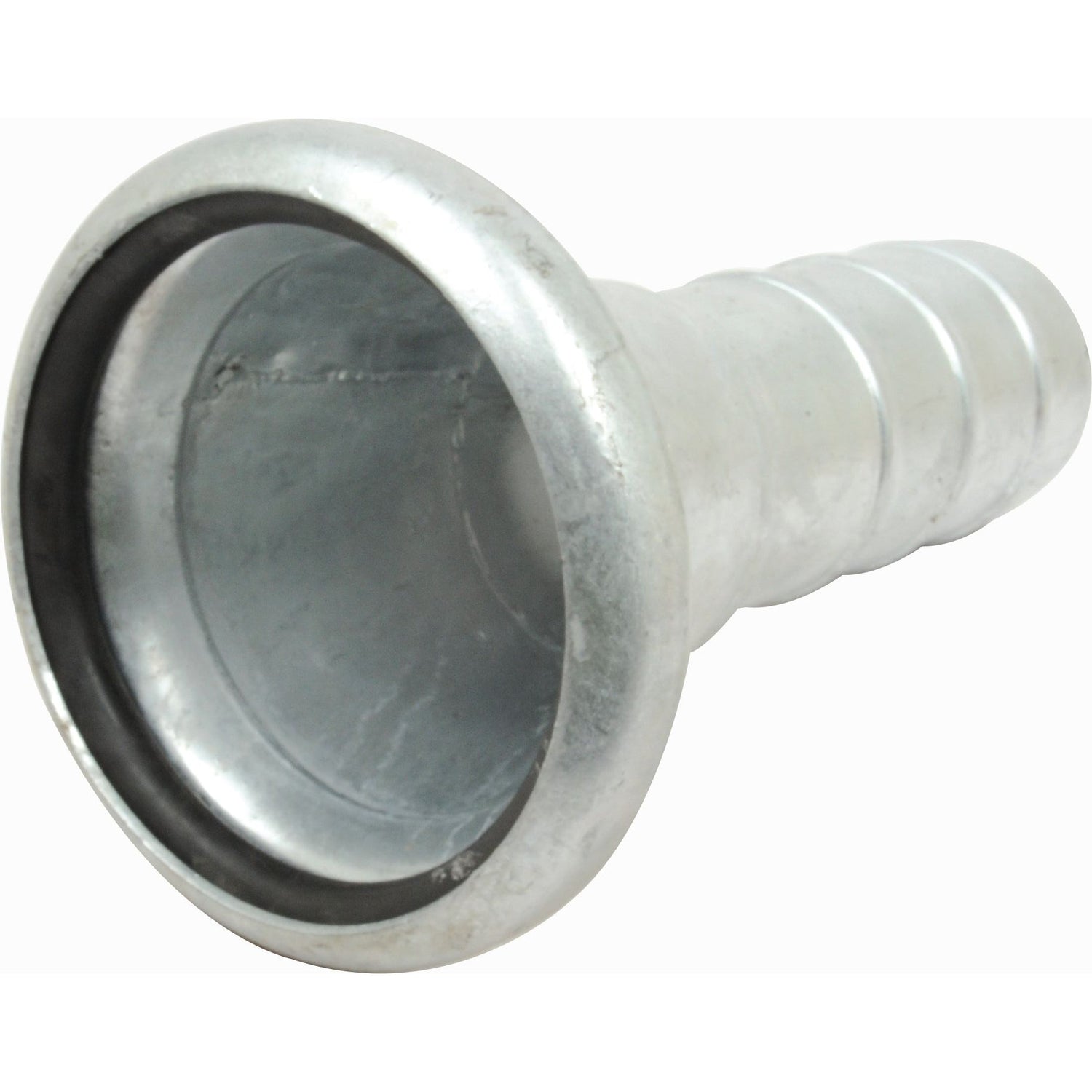 The Sparex Coupling with hose end - Female 6'' (159mm) x 4'' (102mm) - S.79809 is a galvanised fitting featuring a wide, flared end and ribbed body, designed to securely connect hoses and compatible with a gasket ring for improved sealing.